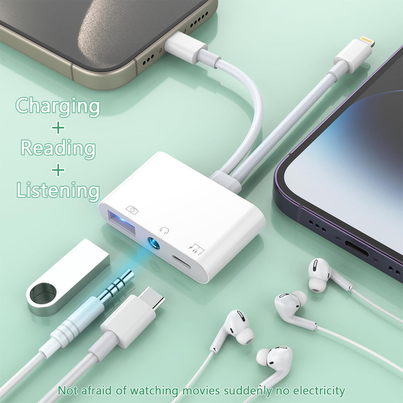 Lightning + USB C to Aux Audio Headphone Jack Adapter,Multi USB OTG Camera Adapter+3.5mm Earphone Jack+Type-C Earphone/Charge Port,Phone Splitter for iPhone 15/14/13,Samsung,iPad,Huawei,Flash Drive