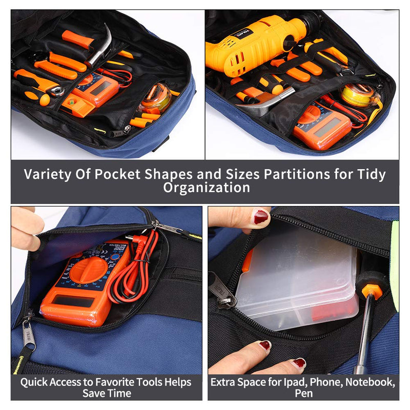 Heavy Duty Tool Backpack, 1680D Oxford Cloth, Electrician's Bag With Durable Handles & Straps Black