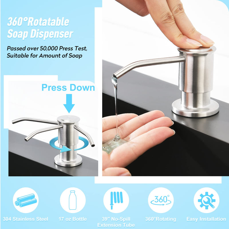 CREA Kitchen Sink Soap Dispenser Countertop for Kitchen Sink, Stainless Stee Built in Sink Soap Dispenser Brushed Nickel for Bathroom with 39" Tube Large Capacity 17 OZ Bottle Circular