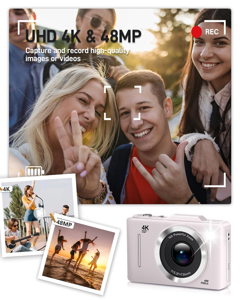 Digital Camera, FHD 1080P Kids Camera Digital with 16x Zoom Anti Shake, 32GB Card, 4K 48MP Portable Compact Point and Shoot Cameras, Vintage Small Camera for Teens Beginner Kids Present White