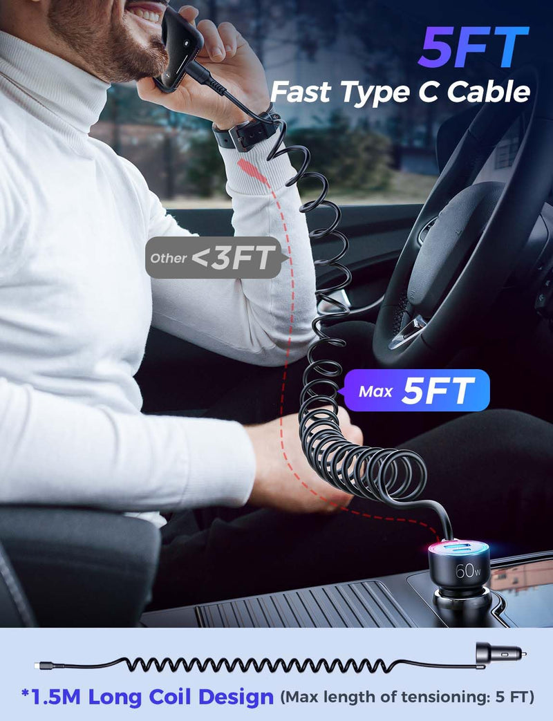 USB C 60W Super Fast Car Charger PD& QC3.0 with 5ft 30W Type C Coiled Cable, Car Phone Charger Adapter for iPhone 15 Pro Max Plus, Samsung Galaxy S24/S23/S22, Google Pixel/Moto/LG/Android, iPad Pro… Black