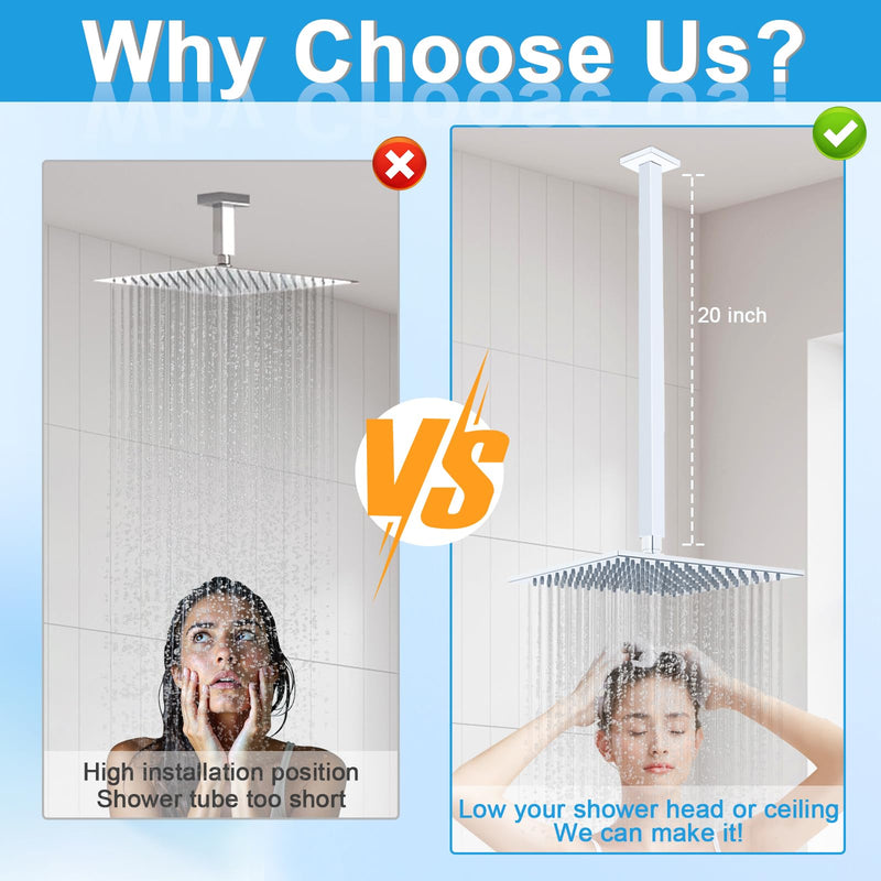 Ceiling Mount Shower Arm with Flange 20 Inches Square Straight Extender Extension Pipe Replacement, Long Shower Arm For Fixed Rain Shower Head or High Ceiling, Chrome 20inch
