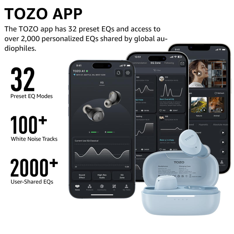 TOZO A1 Wireless Earbuds Bluetooth 5.3 Light-Weight in Ear IPX5 Waterproof Headphones 2 Mic for AI Calls, Immersive Premium Sound Bass Headset with Charging Case, 32 Presets EQ Customization via App Blue Small Classical Edition