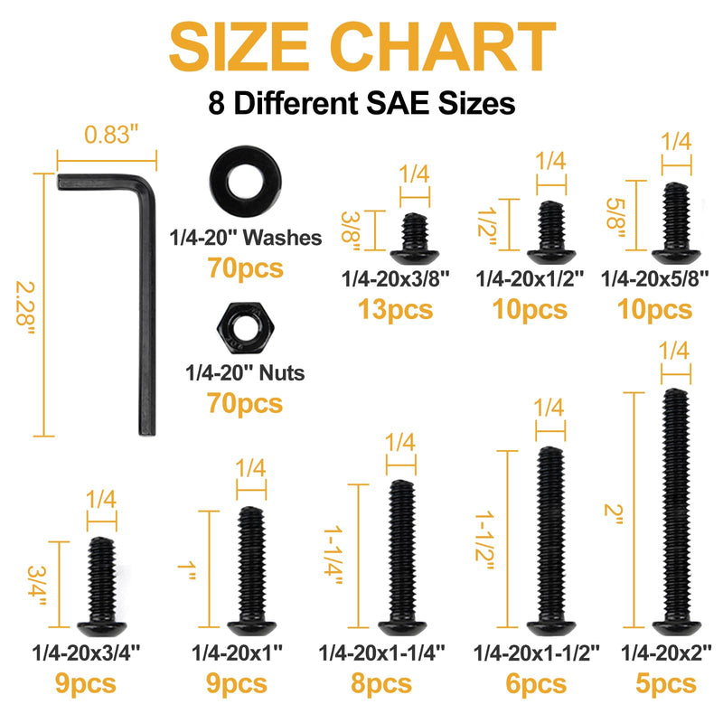 VIGRUE 210PCS 1/4-20 x 3/8" to 2" Button Head Socket Cap Bolts Screws Nuts Washers Assortment Kit, Black Oxide 304 Stainless Steel 18-8, Allen Hex Drive