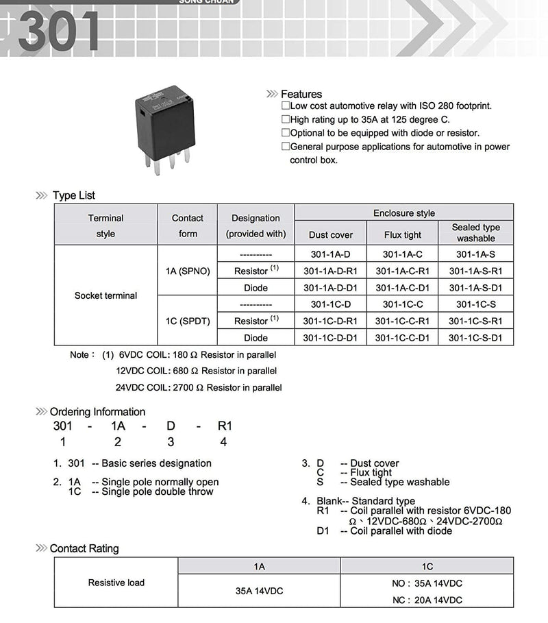 Automotive Purpose Relays 301-1C-C-R1-U01-12VDC 5 PIN (4Pack) 4Pack-12VDC-U01