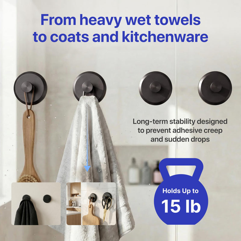 HOME SO Suction Cup Hooks for Shower & Bathroom Towel Holder 4-Pack – Suction Cups Hooks for Hanging Towels, Robes, & Coats - Tiles, Glass Door or Mirror – Shower Hooks & Towel Hooks Organizer - Black Matte Black 4 Pack