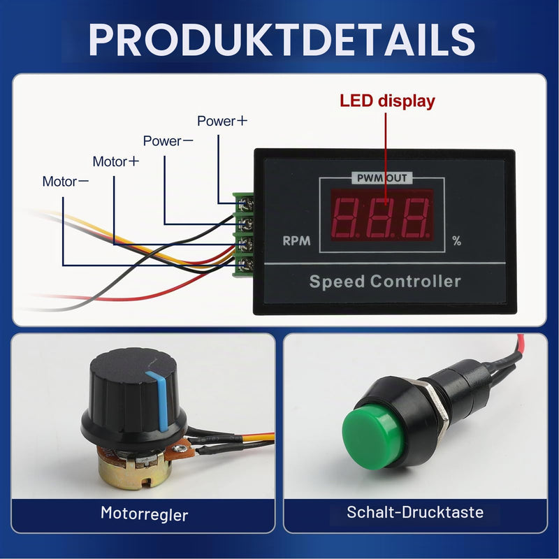 Speed Controller for DC Motor, PWM Regulator Continuously Adjustable, Input DC 6V, 12V, 24V, 36V, 48V, 60V, 0-30A, with Start/Stop Switch, LED Display, Easy to Use for Motor Control