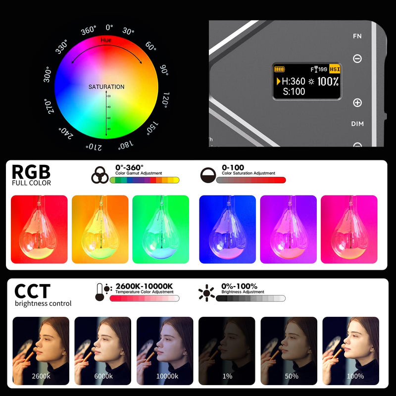 NA225 RGB Video Light App Control, 2500K-9900K, Build-in 4000mAh Rechargeable Battery Portable Phone Camera Photo Lights for Studio Photography Vlogging Streaming Live Beauty and Filming Metal gray