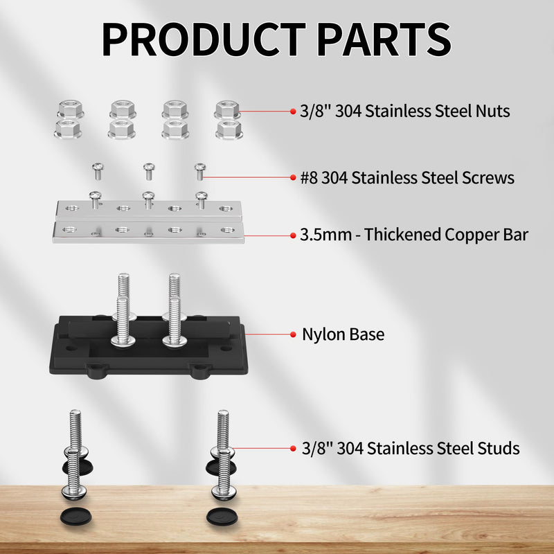 DualBus 250A Power Distribution Block 12V Dual Row Bus Bar 8 x 3/8" Terminal Studs, 6 x #8 Terminal Screws Positive and Negative Battery Bus Bar 250A Dual Bus 8 x 3/8" Studs, 6 x #8 Screws