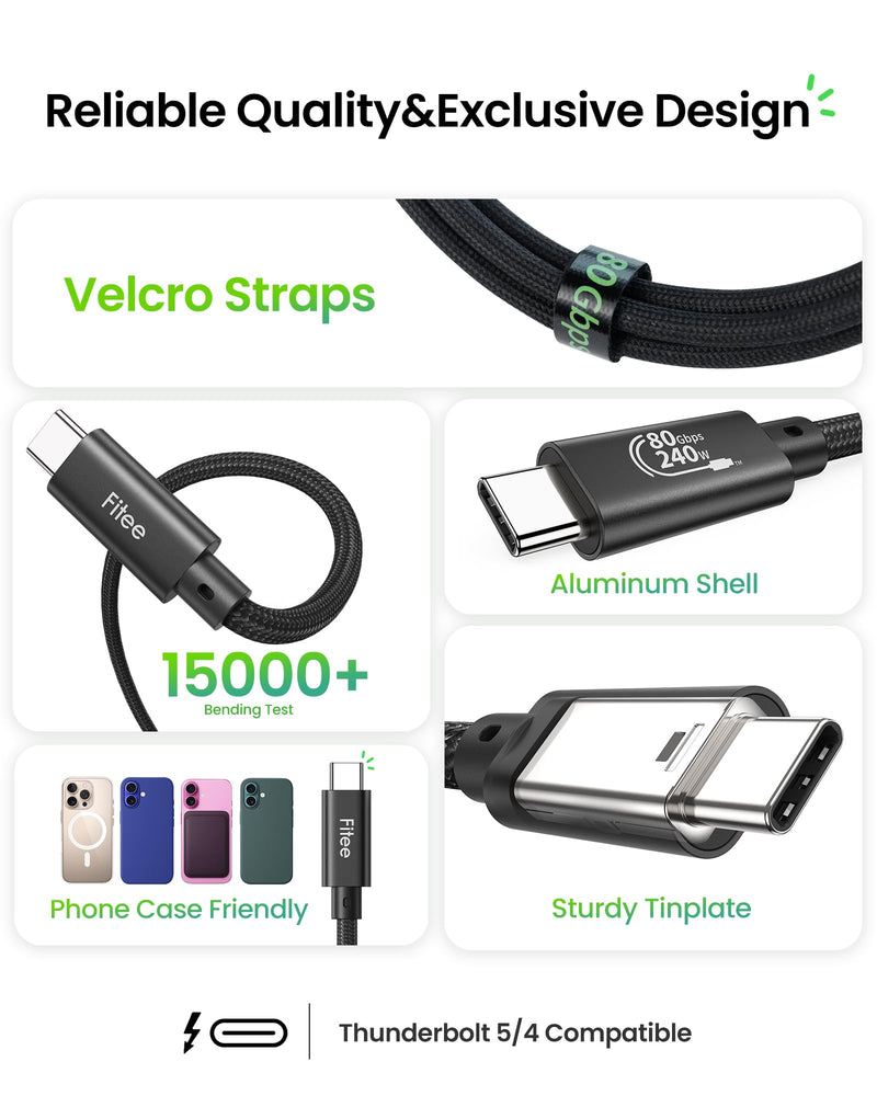Fitee Thunderbolt 5 Cable 10FT Compatible, 80Gbps USB C Data Transfer Cable, 240W Charging, 120Gbps Video Bandwidth, 16K/Dual 8K, Braided USB C Video Cables for Monitor, MacBook Pro, Mac mini, PSSD