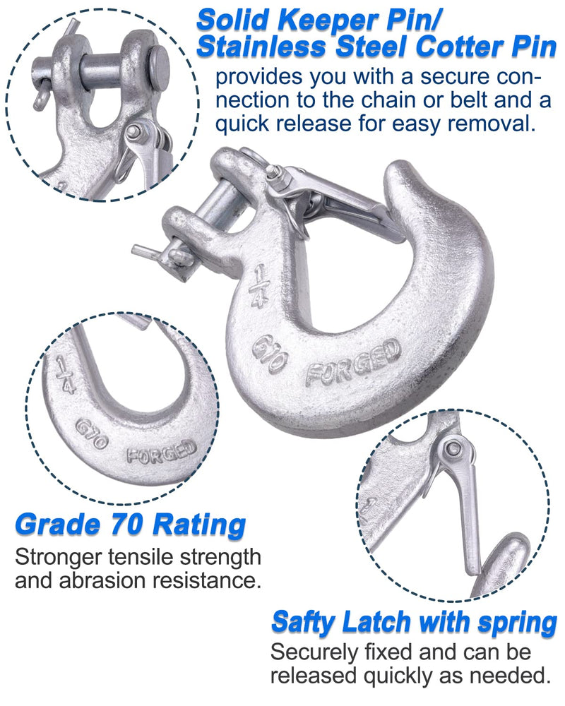1/4 Inch Safety Chain Hooks, Clevis Slip Hook with Safety Latch, Grade 70 Forged Steel 12,600 Lb for Trailer Truck Transport Tow Winch Hook Trailer(1/4 Inch, 2 Pack) 1/4''(2Pack)