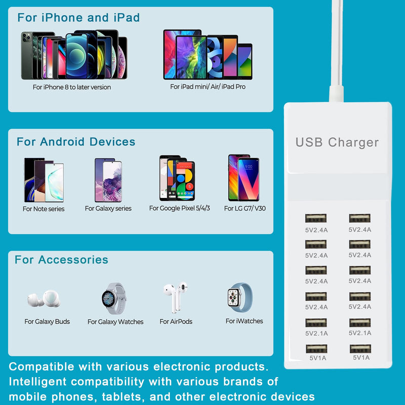 USB Charger 12 Port USB Charging Station with Fast Charging for Multiple Devices USB Charging Port Compatible with Cell Phones Tablets Laptops (12 USB Ports) 12 USB Ports