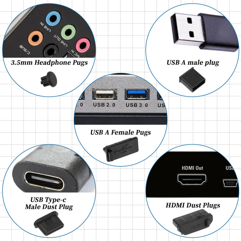 20 Pcs USB Port Caps USB Dust Port Cover Plugs Silicone USB Port Protector Multiple Specifications USB Dust Plug USB Cover Cap for USB A Female & Male Port, HDMI, Headphone Ports, USB Type-C