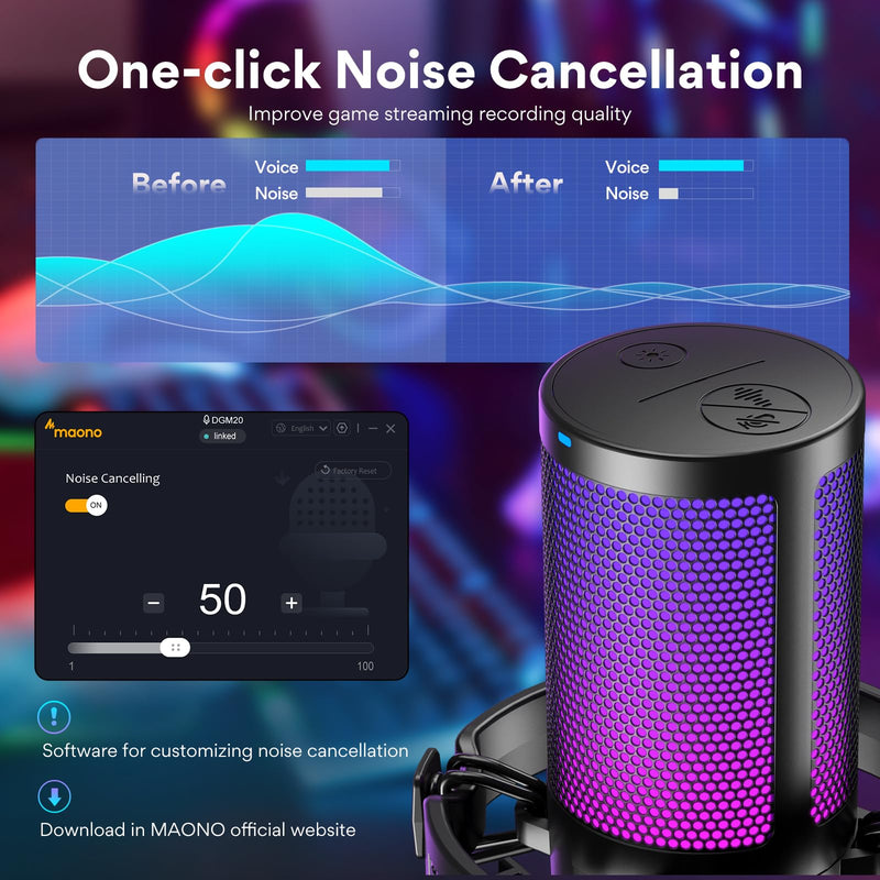 MAONO USB Gaming Microphone for PC, Noise Cancellation Condenser Mic with RGB Lights, Mute, Gain for Streaming, Recording, Podcast, Chat, Twitch, YouTube, Discord, Computer, PS5, PS4, GamerWave Black