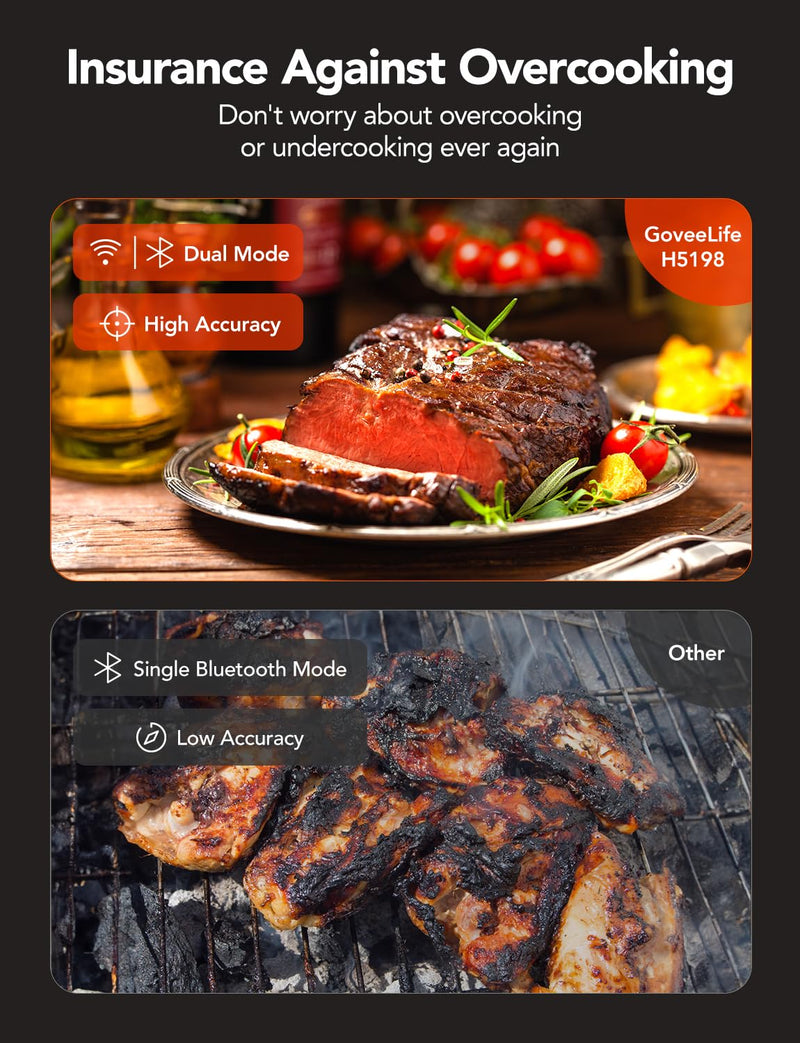 GoveeLife WiFi Meat Thermometer Digital, Smart Cooking Thermometer with 4 Probes, Wireless Bluetooth Grill Thermometer with APP Alert and Temp Curve, 40H Rechargeable BBQ Thermometer for Smoker, Oven