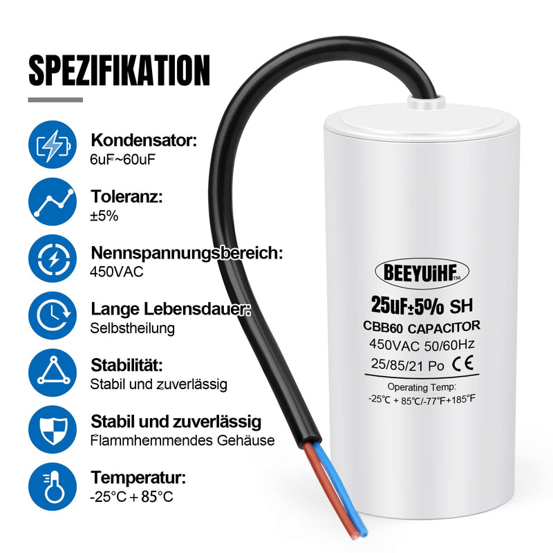 CBB60 450V 25uf Motor Capacitor, 50/60Hz Capacitors, Starting Capacitor with Cable, 25µF 450V Motor Capacitors for Electric Motor - 38 x 70 mm 25μF / 25uF