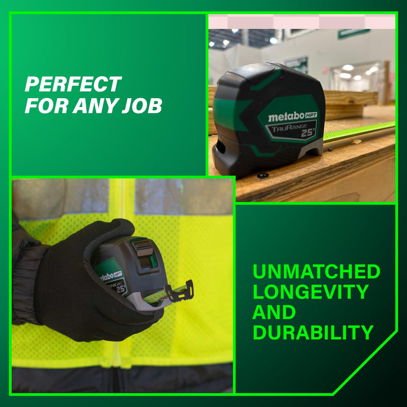 Metabo HPT 25 TruRange Measuring Tape, Green Blade, 115925M | Nylon Coated Steel, Lightweight Design, High Visibility, 17-ft Long Reach, 1/8-in Incremental Fractions 7.6 m