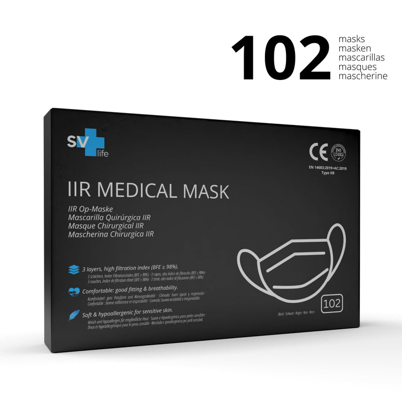 102 st. Medizinische Maske typ IIR CE Zertifiziert | 3-Lagig (BFE>99%), Geprüfter Schutz EN14683 | OP Mundschutz Gesichtsmaske, Einwegmasken - nicht Wiederverwendbar, für Erwachsene, Schwarze Farbe