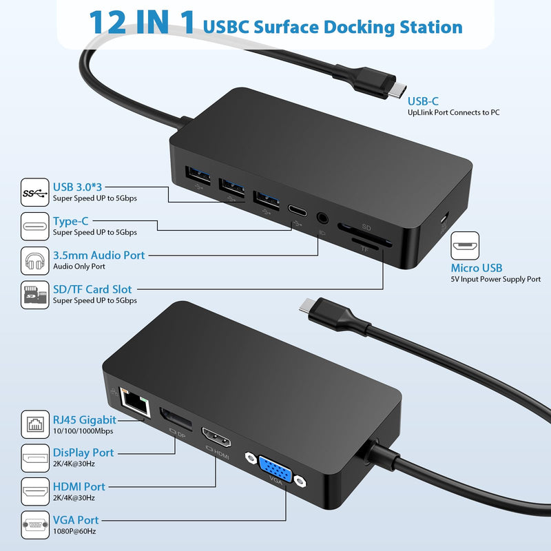 Microsoft USB C Surface Dock Triple Display (4K DP+HDMI+VGA), 12 in 1 USB C Surface Pro Docking Station with Gigabit Ethernet, 4K HDMI VGA DP Display, 3xUSB 3.0, Audio Out, 100W PD, SD/TF Combo Dock