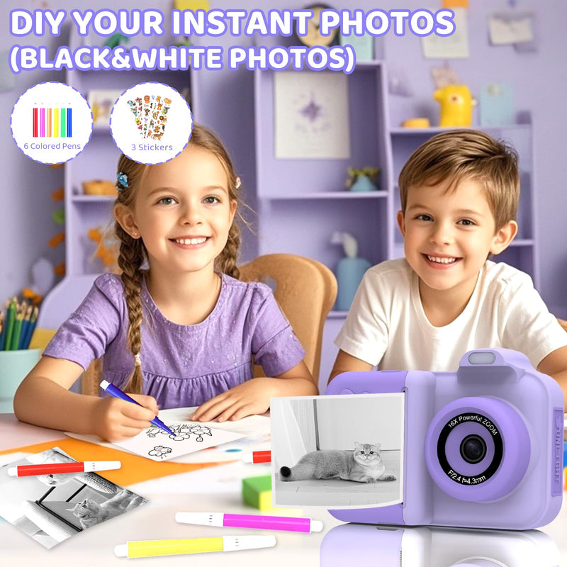 Kids Camera Instant Print,Kids Digital Camera 1080P HD Dual-Lens Selfie,Instant Print Camera with 5 Rolls Paper & 32GB Card,Toddler Camera Christmas Birthday Gifts for Girls Boys Age 3-12 Purple
