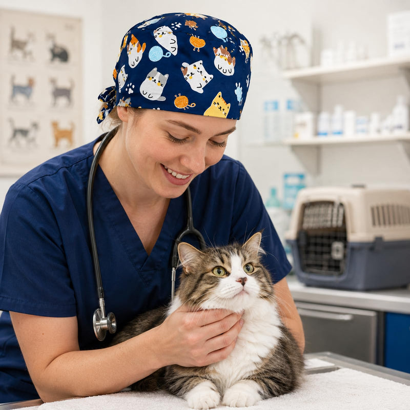 Surgical Cap for Cats, Scrub Cap, Cotton, Adjustable, Breathable, Reusable, for Women, Men, Dentists, Veterinarians, Clinics, Surgical Staff, Long Hair, 1 Piece