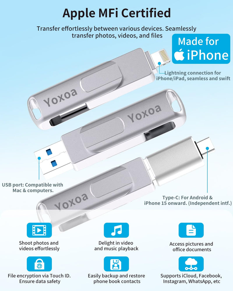 MFi Certified 512GB Flash Drive for iPhone & iPad, High-Speed Photo Stick for External Memory Storage, Backup & Transfer Files, USB Stick for iPhone/iPad/iOS/Android/PC (Available Space: ~484GB)Silver Silver