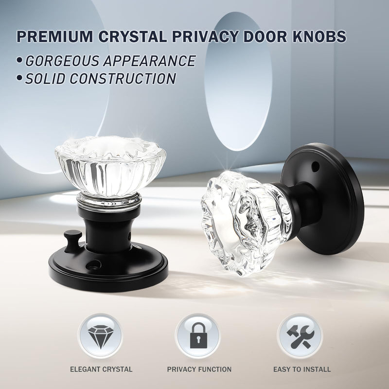 KNOBWELL Modern Round Crystal Door Knobs with Lock, Frosted Glass Door Knobs Interior, Privacy Function for Bed and Bath, Matte Black Door Lock 1 Pack
