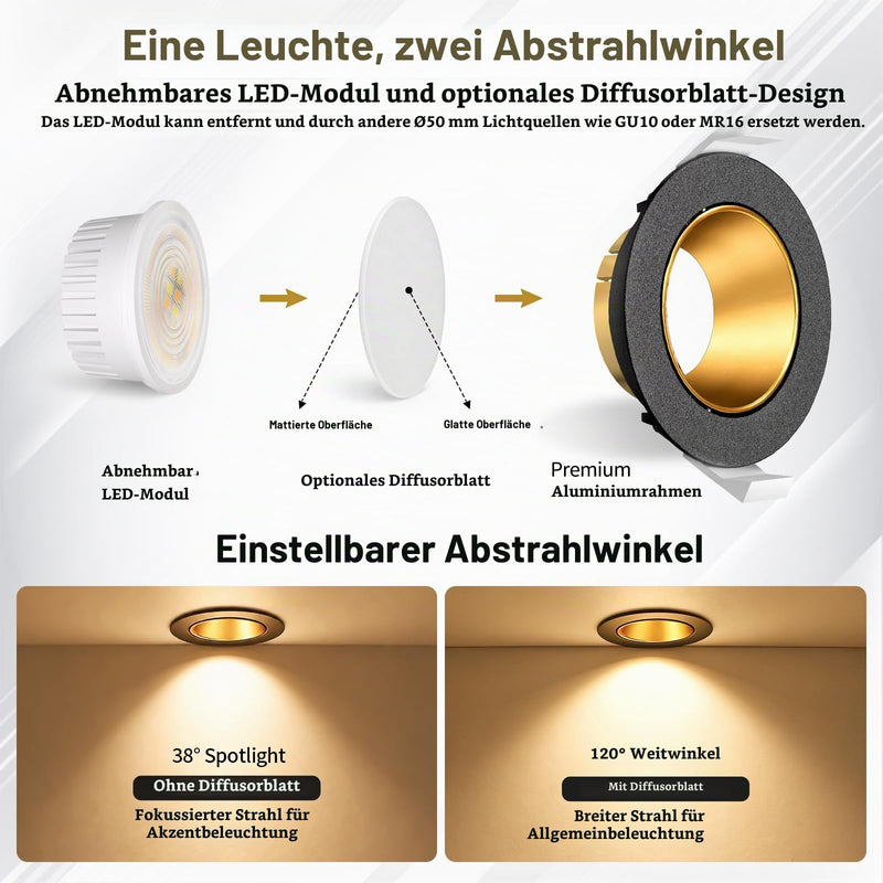 YindaLux 6x LED Recessed Spotlights 230 V Dimmable 5 W Black Gold Hole 75-80 mm | 550LM, 3CCT 3000K/4000K/6500K, 38°/120° beam angle, 45° swivel, IP44, removable LED module, deep reflector shell 6 pieces-38°/120° beam angle