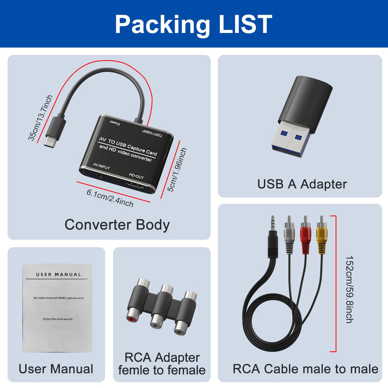 RCA to HDMI Converter & VHS to Digital Converter - USB Video Capture Card for VHS/VCR/DVD/AV - Analog to Digital Converter with 1080P HD Output, AV HDMI Adapter, Save and Digitize Old Videos