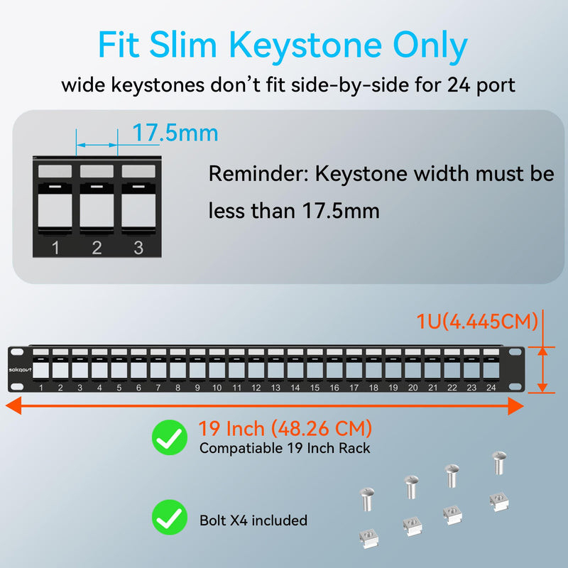 Sokqovt 24 Port Blank Keystone Patch Panel with Snap-in Design (2 Pack), Cat6 Network Patch Panel 1U 19 inch, Rack Mount Ethernet Patch Panel (for Slim Keystone Only) 2 Pack