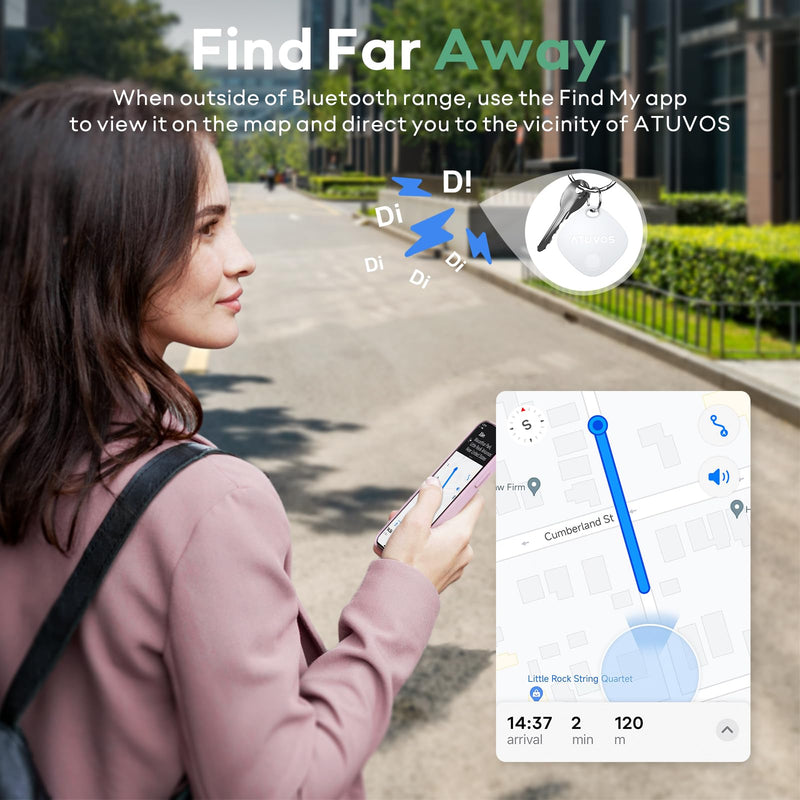 ATUVOS Luggage Tracker & Key Finder 2 Pack, Smart Bluetooth Tracker Pairs with Apple Find My (iOS Only), Item Finders for Key, Wallet, Suitcases, Bags, Waterproof IP67, Replaceable Battery, Anti-Lost 2-pack