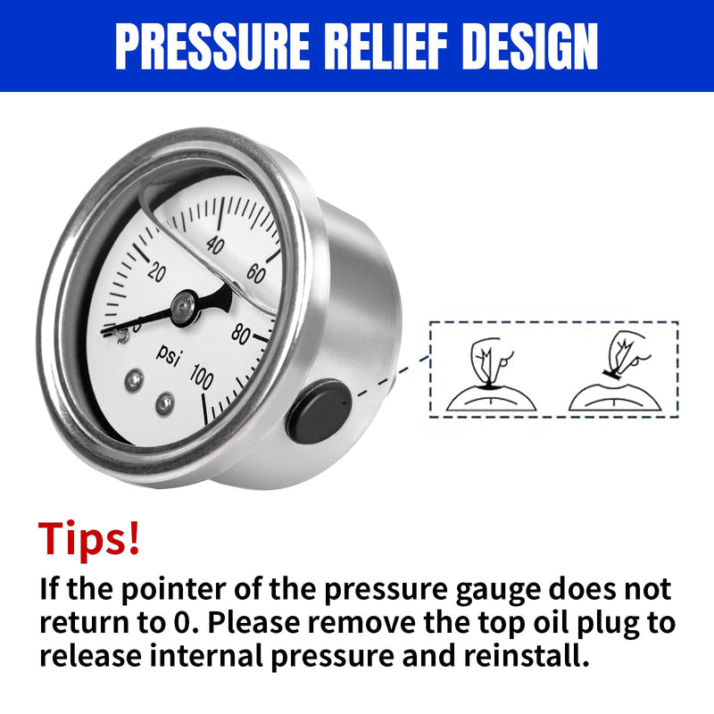 0-100 PSI Fuel Pressure Gauge, 1.85" White Dial, 1/8" NPT Center Back Mount, Glycerin Liquid Filled, 304 Stainless Steel case, Inline Low-Pressure Gauge, for Oil Water Air Pressure Test 0-100PSI