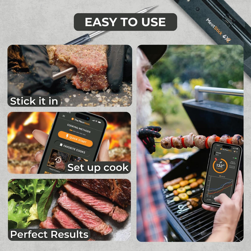 MeatStick 4X Wireless Meat Thermometer for Grilling and Smoking, Bluetooth Temperature Probe with 4 Sensors, 650ft+ Range for BBQ, Smoker, Oven MeatStick 4X Set (650ft Range)