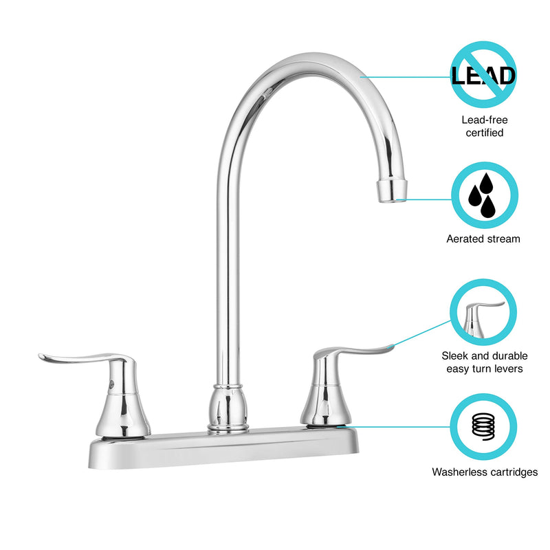 Dura Faucet DF-PK330HLH-CP RV Swivel J-Spout Kitchen Sink Faucet (Chrome) | Rotating spout reaches across the sink; two handles fine-tune temperature. Chrome Polished