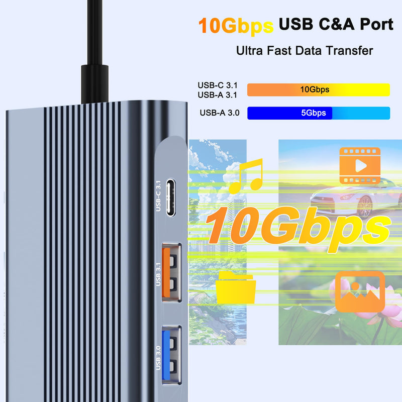 USB C Docking Station Dual Monitor for Dell/HP/Lenovo/Mac Laptop, Dual HDMI Adapter for 2 Monitors, 14 in 1 Laptop Docking Station Dual Monitor with 10Gbps USB/HDMI/VGA/PD/Ethernet/SD/TF/Audio/Mic