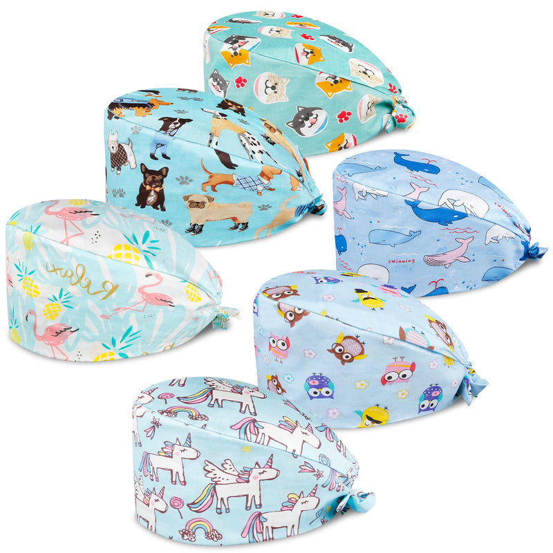 Comius Sharp Pack of 6 Scrubbing Caps, Adjustable Cotton Hood, Headwear, Turban Cap, Printed Soft Caps, Unisex, Hair Cover with Sweatband for Women and Men 30 B