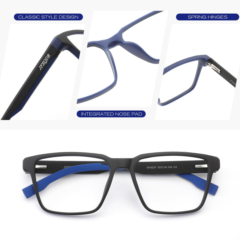 Men's Blue Light Blocking Glasses, Fake Nerd Square Frame Computer Gaming Screen Eyeglasses Anti Glare & UV RF6207 Black & Blue