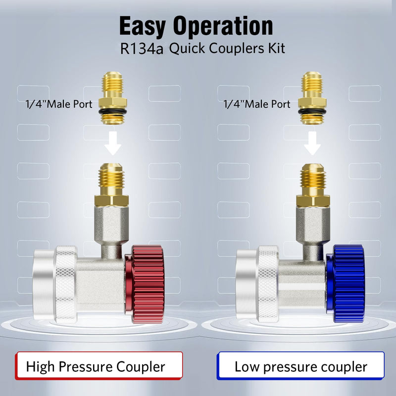 R134a Quick Coupler Adapter, Adjustable R134a Adapters, Quick Connectors for Car AC Systems, HP and LP Fittings for Evacuation and Recharging, 1/4" Flares, Set of 2