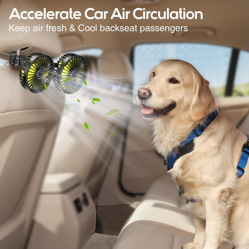 Dealswin Car Fan for Backseat kids, Dual Head USB Car Seat Fan, 360° Rotatable Strong Wind Car Rear Headrest Fan for Baby, Air Circulation Fan with Adjustable Clip for Vehicles SUV RV Yellow