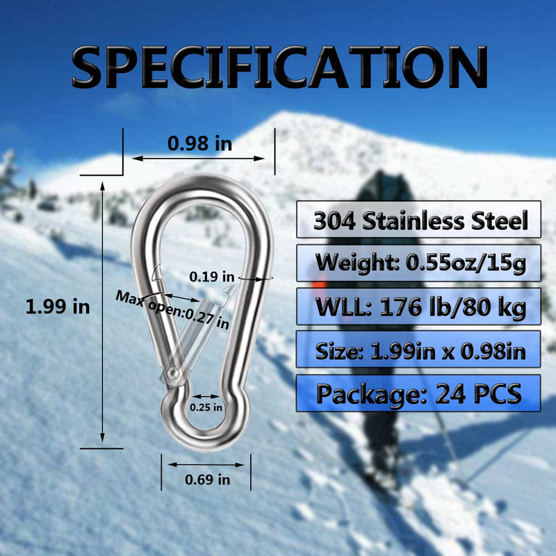 Spring Snap Hooks, 304 Stainless Steel Metal Clip Heavy Duty Rope Connector Small Snap Clamp Key Chain Link Buckle for Hammock Swing Set Outdoor Travel Camping Fishing Hiking 1.97inches(m5)-24pcs