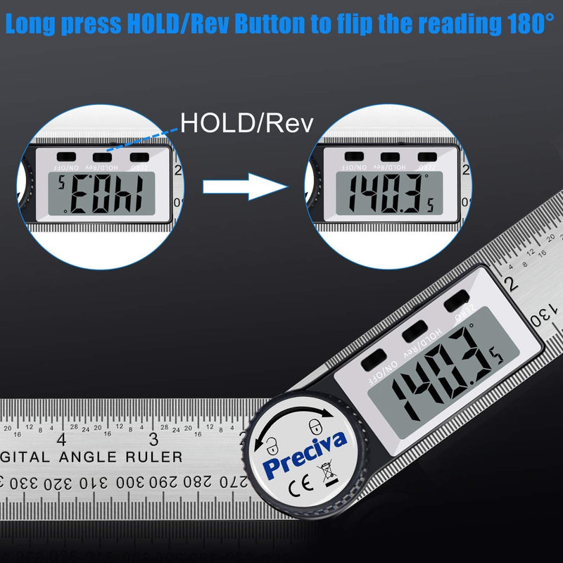Protractor, Preciva digital protractor with screen HOLD - and 180° rotatable function, 400mm bevel ruler made of stainless steel for woodwork, home work - large display