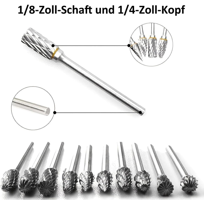 10 pieces double cut burrs carbide 3 mm shank 6 mm grinding head | Rotary Cutter Bits Rasp Set for Grinding Carving Metal Polishing Engraving Drilling