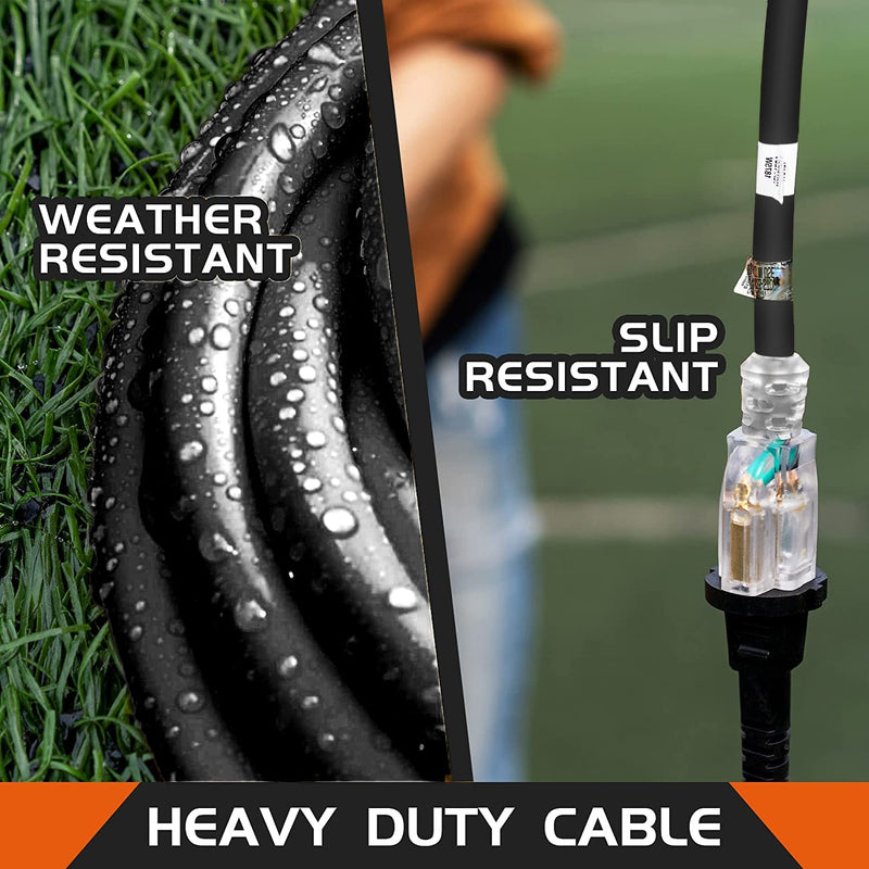 Indoor Outdoor Extension Cord Weatherproof with Lighted End, UL Certified, 14 Gauge 20FT Black 3 Prong Heavy Duty, 14/3 SJTW 15A Power Cord for Outdoor Lights, Lawn