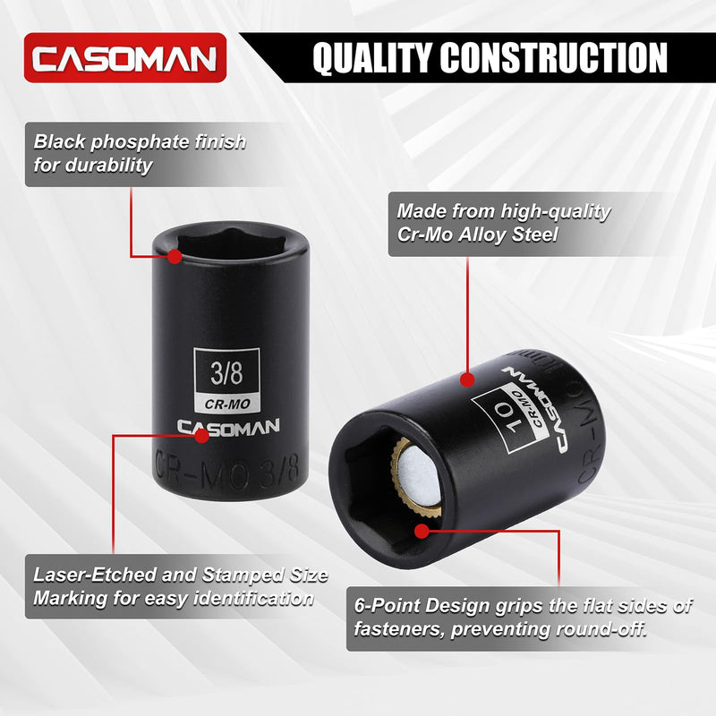 CASOMAN 30PCS 1/4” Drive Magnetic Shallow Impact Socket Set, 6 Point, CR-MO, SAE & Metric, Include Extension Bars, Socket & Hex shank Adapters, Universal Joint