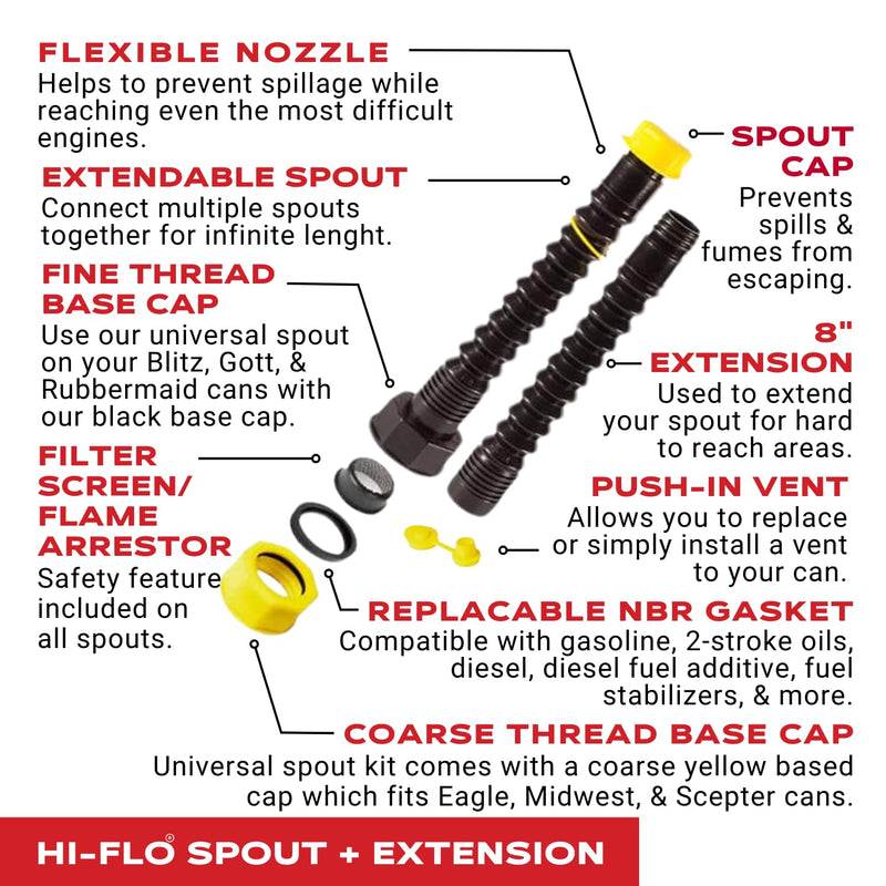 EZ-POUR Gas Can Spout Replacement – Multi-Use For Deluxe Gas Cans and Water Jugs (Pack of 1) - 1, 2, 5 Gallon HI-FLO System with Extension, Flame Arrestor, Flexible Gas Can Nozzle for Jerry Cans HI-FLO Spout + Extension (Pack of 1)