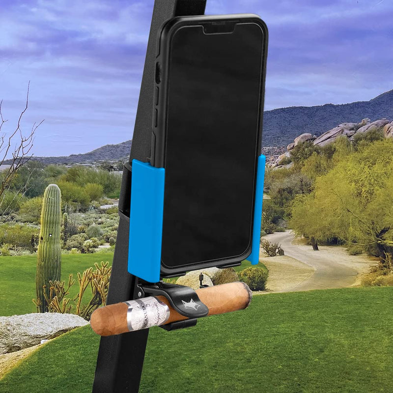 Desert Fox Golf Phone Caddy + Cigar Holder – Adjustable Golf Cart Phone Mount with Secure Cigar Clip – Hands-Free GPS & Golf App Access – Fits All Phones & Cigars (Blue) Blue