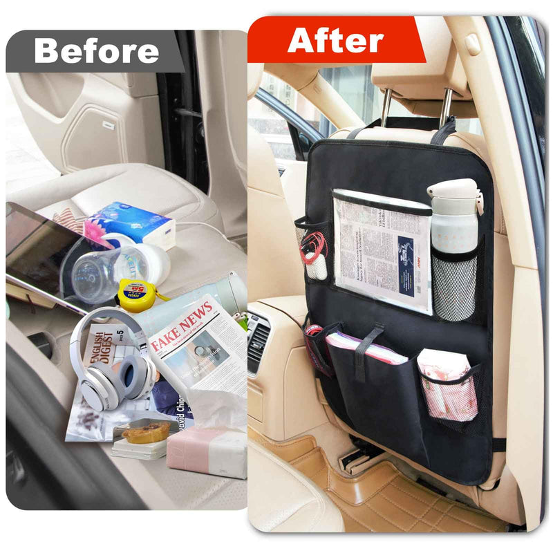 Car Backseat Organizer 2 Pack, Car Seat Back Organizers Storage Kick Mat Seat Protector, Car Seat Back Protectors with Clear 10" Tablet Holder + 5 Storage Pockets Back seat Organizer for Kids