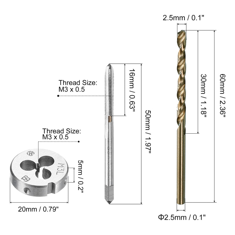 sourcing map tap and die and drill set M3 x 0.5 left-hand thread milling cutter and round die 2.5 mm cobalt high-speed steel twist drill