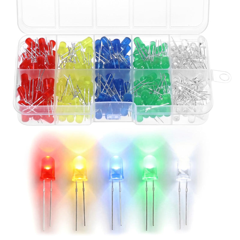 QWORK® 5 mm LED Light Emitting Diodes Set, 250 Pieces - 5 Colors Diffuse Round Head Diodes 3V-3.2V for Science Projects, Model Making & Electronics DIY
