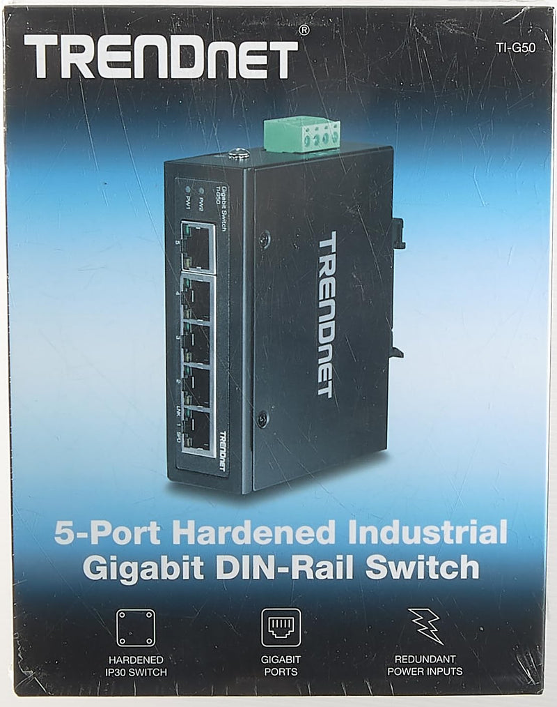TRENDnet 5-Port Hardened Industrial Gigabit DIN-Rail Switch, 10 Gbps Switching Capacity, IP30 Rated Network Switch (-40 to 167 ºF), DIN-Rail and Wall Mounts Included, Lifetime Protection,Black,TI-G50 5 Port Switch